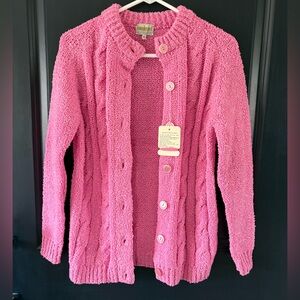 1960s deadstock cardigan sweater with original tags pretty in pink. Medium?